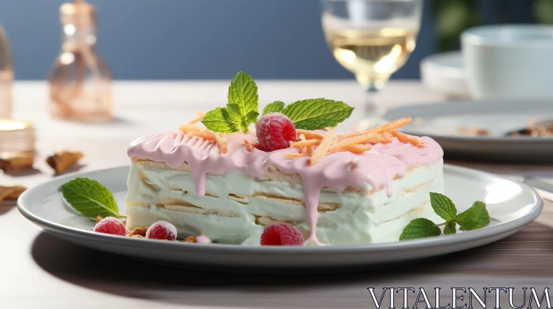 Delicious Ice Cream Cake with Raspberries and Mint Leaves AI Image