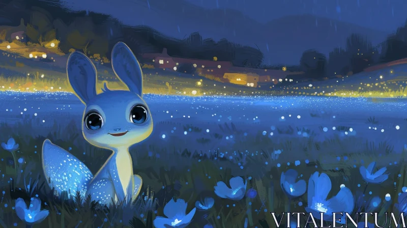Enchanting Blue Creature in Flower Field AI Image