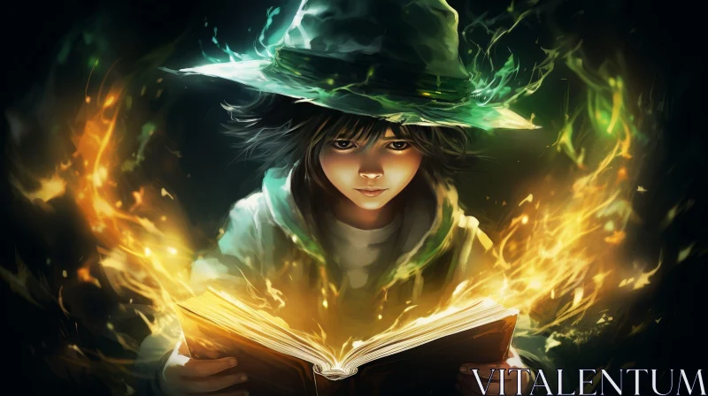 Enchanting Young Wizard and Spell Book in Night Sky AI Image