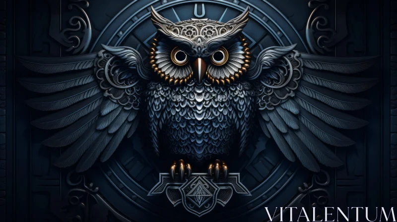Intricate Metal Owl Illustration on Dark Blue Background AI Image