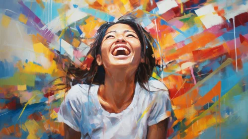 Laughing Woman in Colorful Abstract Painting