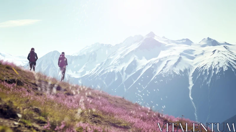 Majestic Mountain Hiking Experience with Purple Flowers AI Image