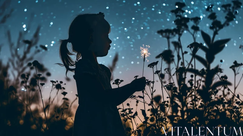 Mysterious Girl With Firework in Night Field AI Image