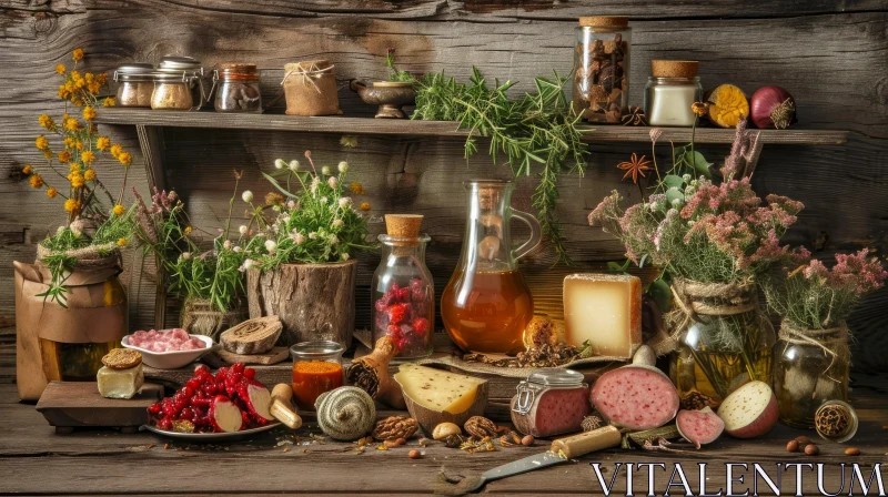 Rustic Still Life with Wooden Table, Food, and Herbs AI Image