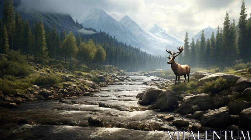 Snowy Mountain Valley Landscape with River and Deer AI Image