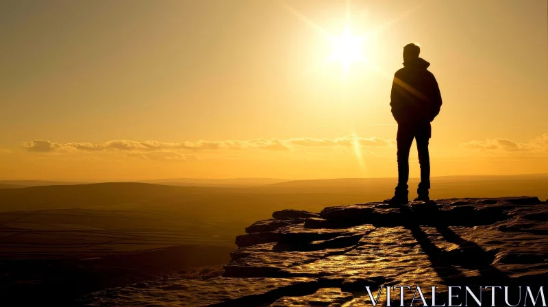 Sunset Landscape Photography at Valley with Silhouette of Man AI Image