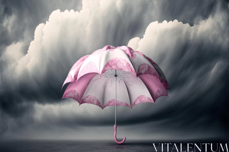 Surrealistic Umbrella Art: Delicate Balance in Cloudy Sky AI Image