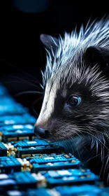 Technological Art: Ferret with Blue Eyes on Computer Board