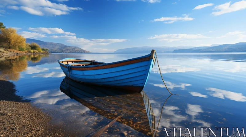 AI ART Tranquil Lake Scene with Blue Wooden Boat