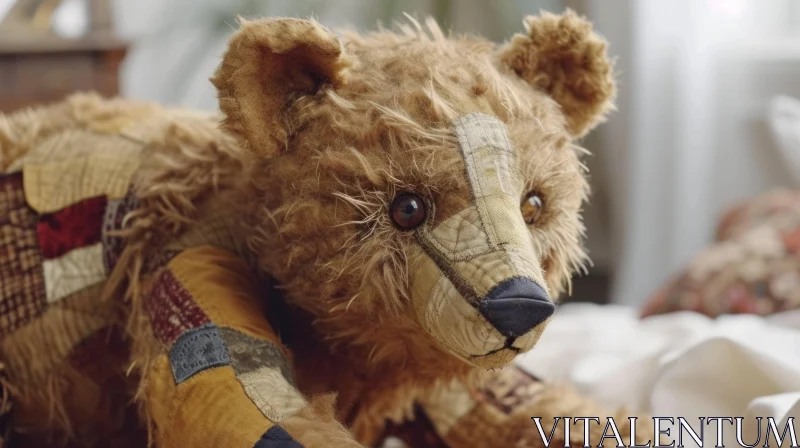 AI ART Vintage Teddy Bear Close-Up | Charming Brown Plush Patchwork Bear