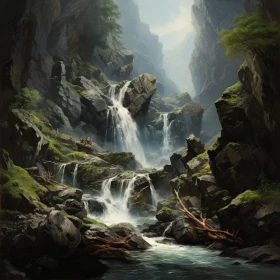 Waterfall in Rocky Gorge - Serene Landscape Painting