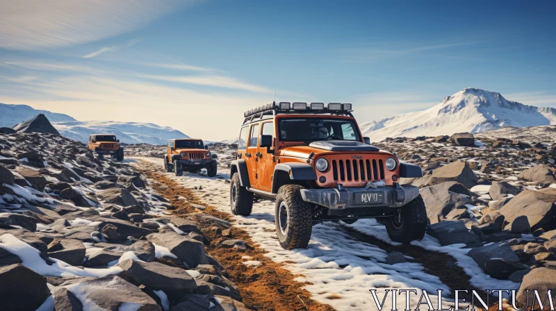 Adventurous Orange Jeep Wrangler Rubicon SUVs in Snowy Mountains AI Image