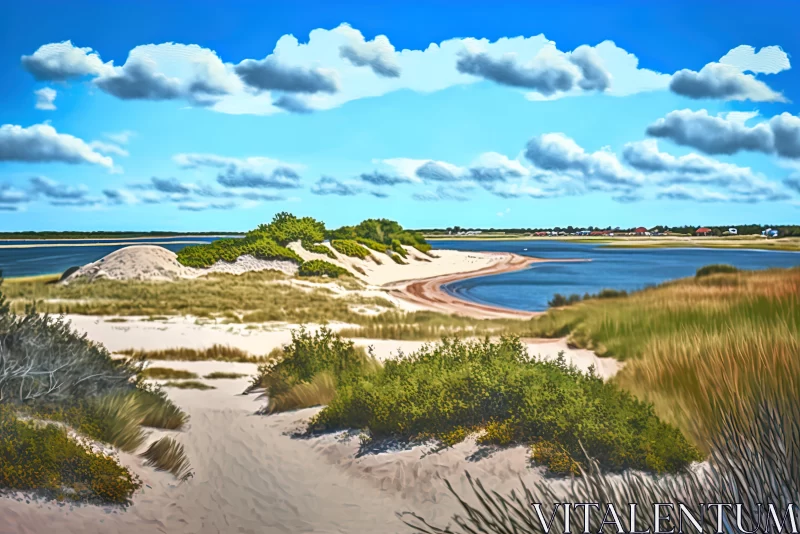 Captivating Sand Dunes near Calm Waters - Realistic Landscape Painting AI Image