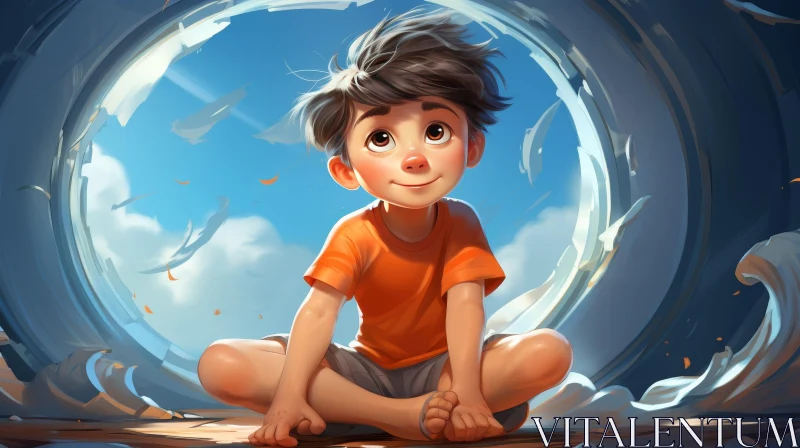 Cartoon Boy in Porthole Looking at Sky AI Image