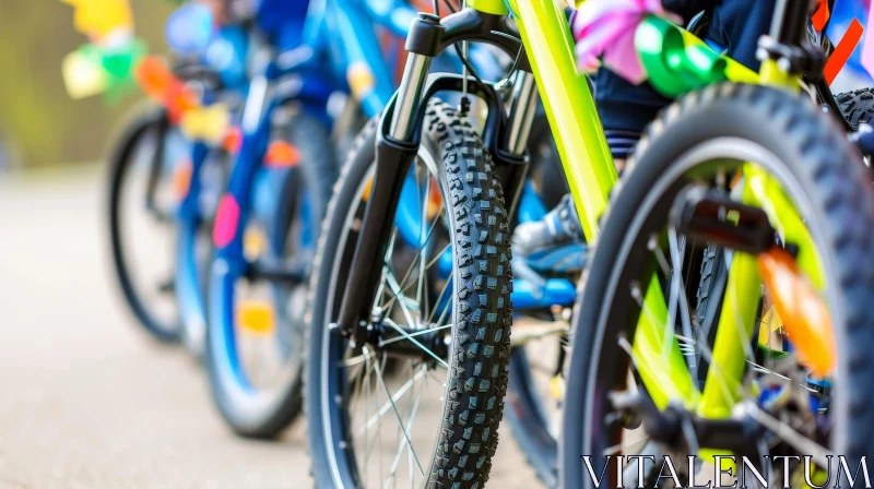 Close-up of Bicycle Front Wheels | Green Frame | Knobby Tire AI Image