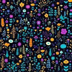 Colorful Flowers and Plants Seamless Pattern on Dark Blue Background