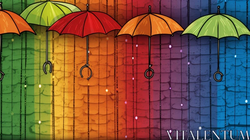 AI ART Colorful Umbrellas on Brick Wall - Digital Painting