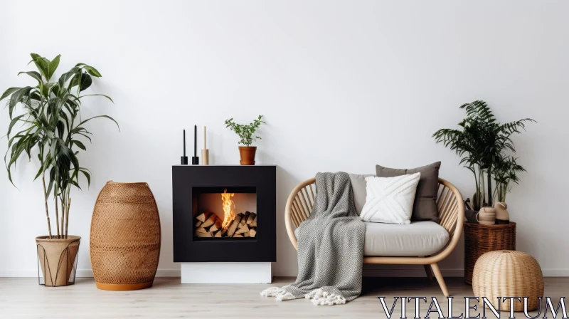 Cozy Living Room with Fireplace and Plants AI Image