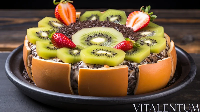 Delicious Kiwi and Strawberry Cake on Black Plate AI Image