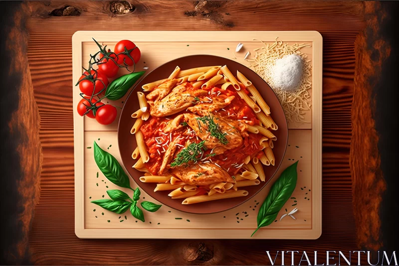 Delicious Pasta with Chicken and Tomato on Wooden Board | Photorealistic Portraiture AI Image