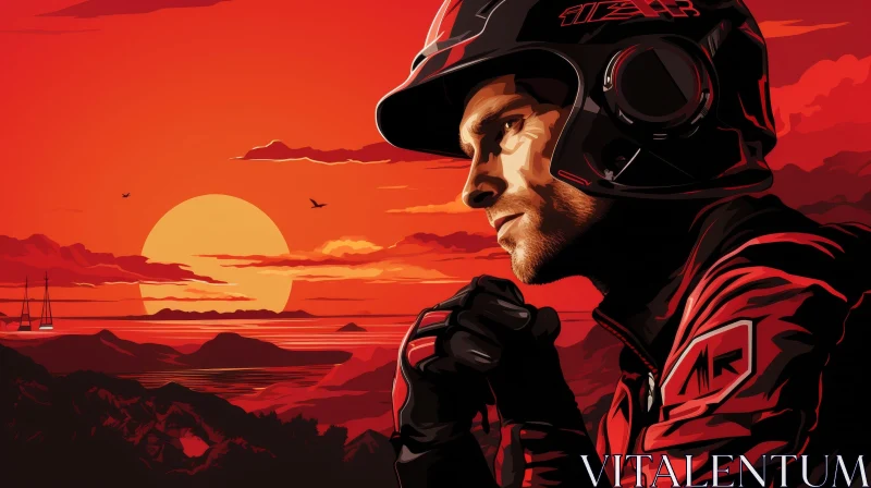 AI ART Determined Man in Red Motorcycle Helmet at Sunset