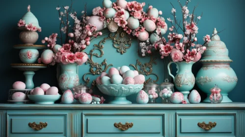 Easter Cabinet Display with Floral and Egg Elements