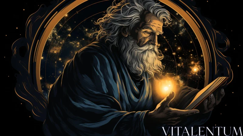 Enigmatic Old Man with Glowing Book Under Starry Night Sky AI Image