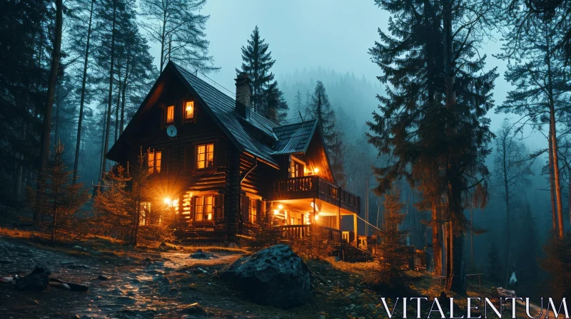 Enigmatic Wooden House in Mysterious Forest AI Image