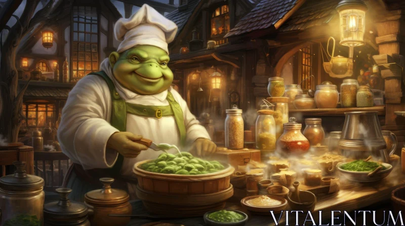 Fantasy Ogre Chef Cooking in Medieval Kitchen AI Image