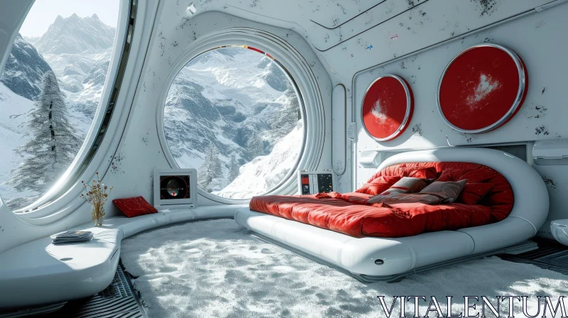 Futuristic Bedroom with Snowy Mountain View AI Image
