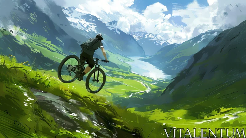 Mountain Biker Descending Steep Hill - Digital Painting AI Image
