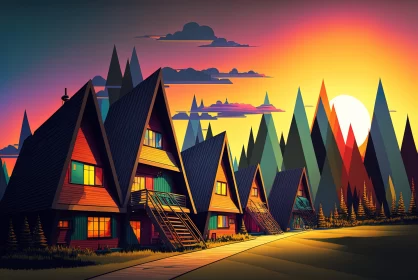 Pixelated Illustration of Houses at Sunset | Psychedelic Realism