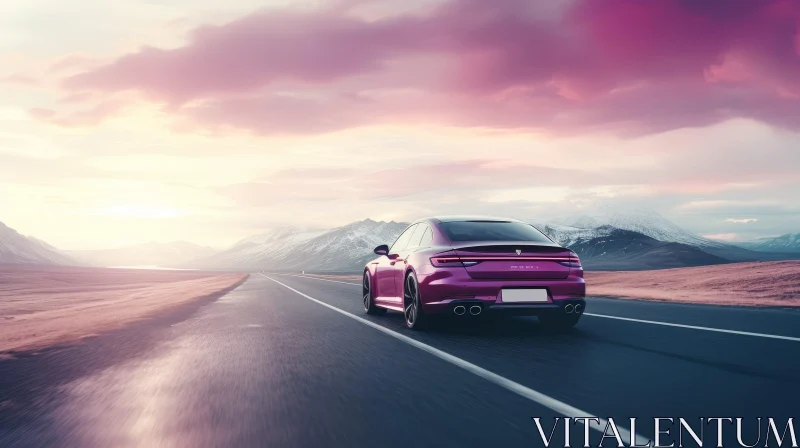 Purple Car Driving Through Mountain Landscape at Sunset AI Image