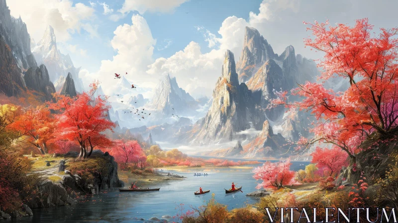 Tranquil Mountain Lake in Fall Painting AI Image
