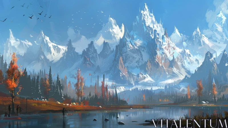 Tranquil Mountain Range Landscape Painting AI Image