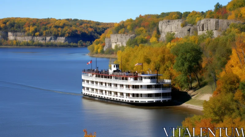 Tranquil Riverboat Scene in Autumn Setting AI Image
