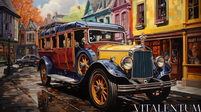 AI ART Vintage Car on Cobblestone Street - Urban Cityscape Painting