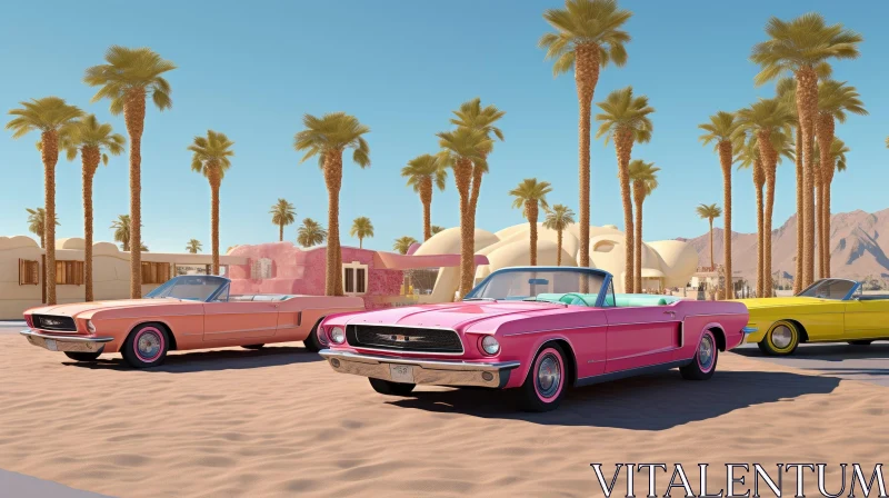Vintage Classic Cars in Sandy Area with Palm Trees AI Image