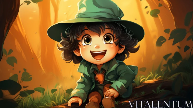 Young Boy in Green Hat and Cloak in Forest AI Image