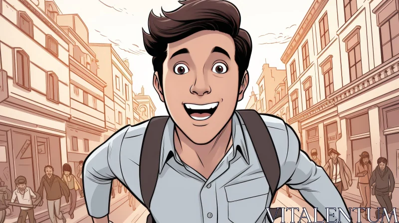Young Man Running in Comic City Scene AI Image