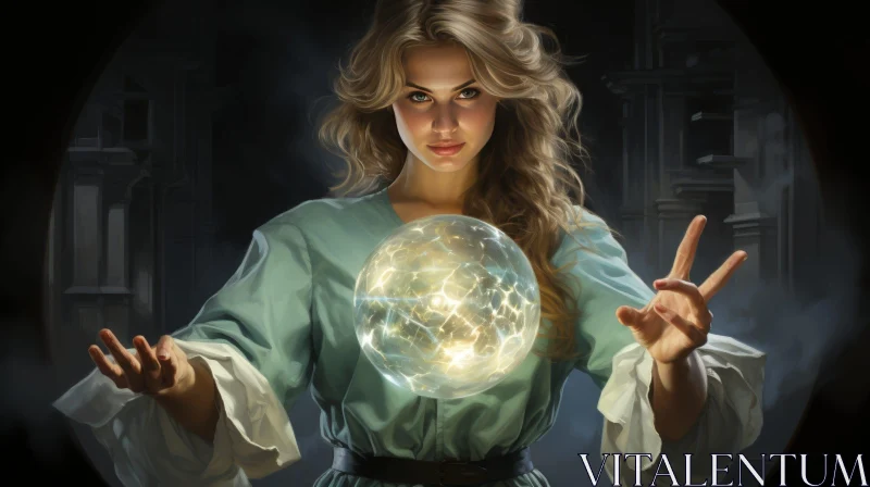 Young Woman with Glowing Orb - Mysterious Painting AI Image