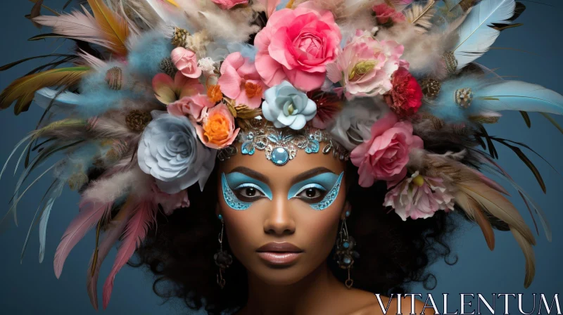African Woman with Elaborate Headdress and Blue Makeup AI Image