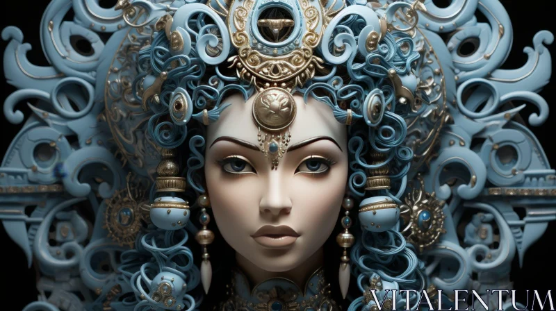 AI ART Blue Female Face 3D Rendering with Golden Accessories