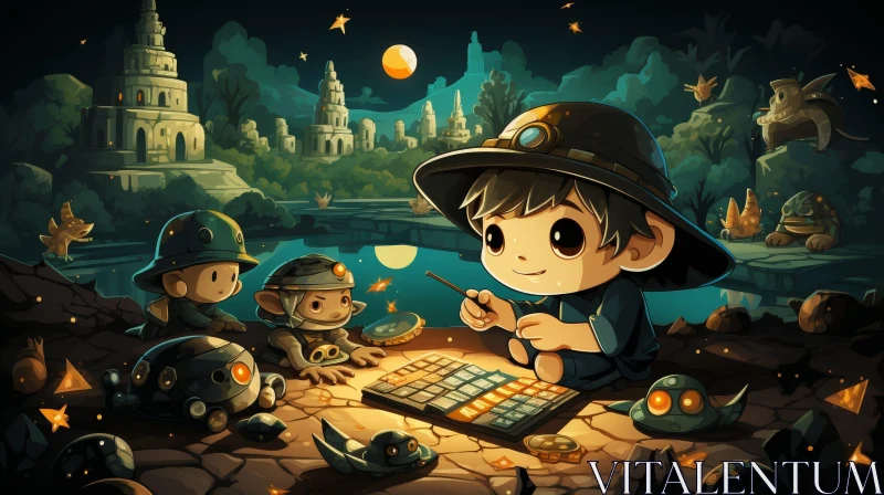 AI ART Boy in Cave Cartoon Illustration with Colorful Creatures