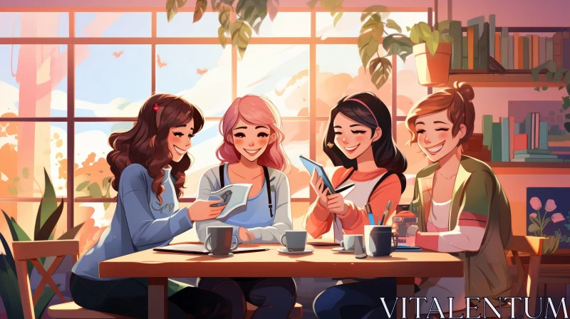 Charming Cafe Scene with Four Smiling Women AI Image