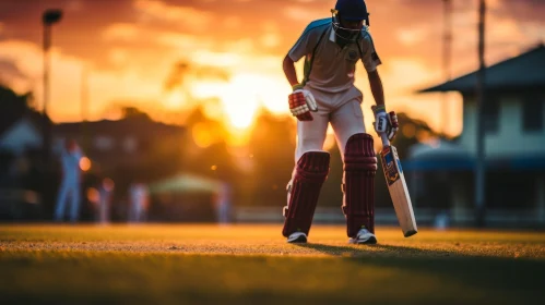 Cricket Player in Full Gear at Sunset