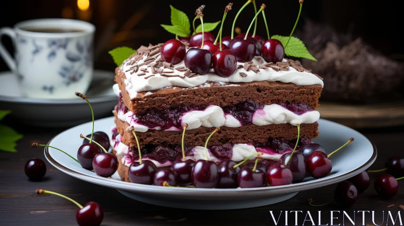 Decadent Chocolate Cake with Cherries and Whipped Cream AI Image