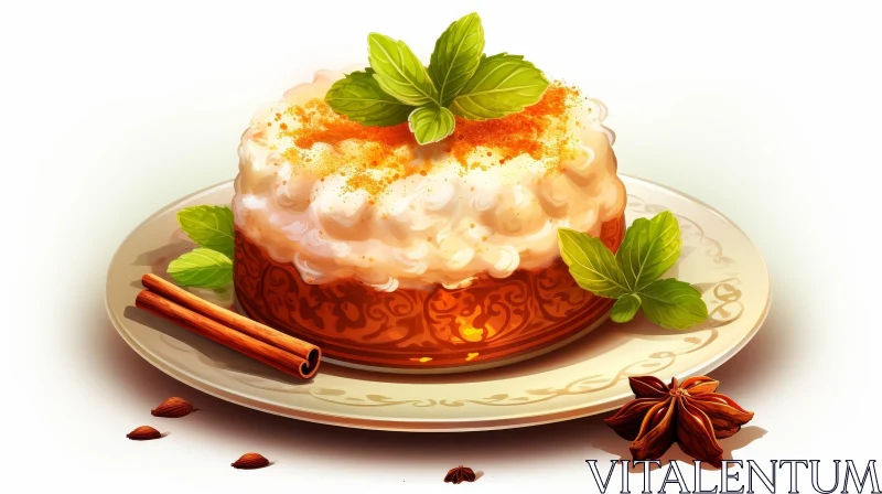 Delicious Cake with Mint Leaves and Cinnamon on White Plate AI Image
