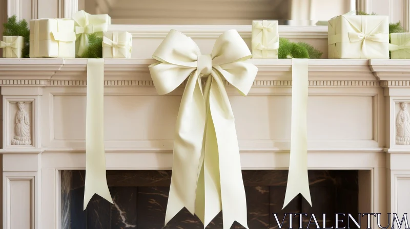 AI ART Elegant Marble Fireplace Mantel with Cream Bow and Gifts