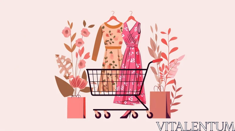 Fashion Illustration: Shopping Cart Full of Clothes AI Image